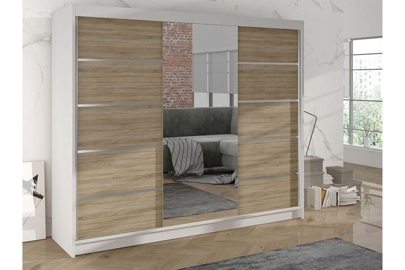 Cyria Garderob med rymlig Förvaring och Skjutdörrar med Spegel 200x215 cm - Brun/Vit - Products - Förvaring - Garderober & garderobssystem