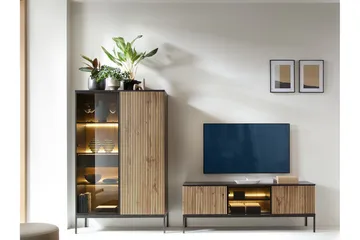 Klinkerville Möbelset Vardagsrum - Tv bänk & Vitrinskåp med Belysning - Svart Trä / Brun / Ribbad / Glas - Products - Förvaring - Förvaringsmöbler - Möbelset för vardagsrum