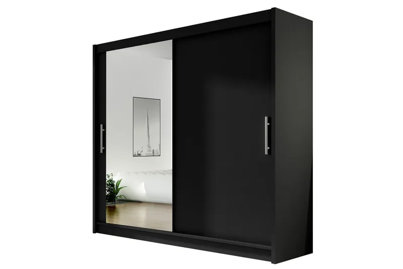 Prag Stor Garderob med Skjutdörrar + Spegel, Svart / Silver