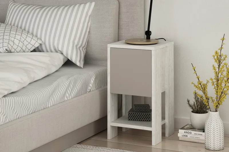 Homitis Sängbord 30 cm med Förvaring Hylla + Lucka - Vit/Trä - Products - Möbler - Bord & matgrupp - Avlastningsbord & sidobord - Sängbord & nattduksbord