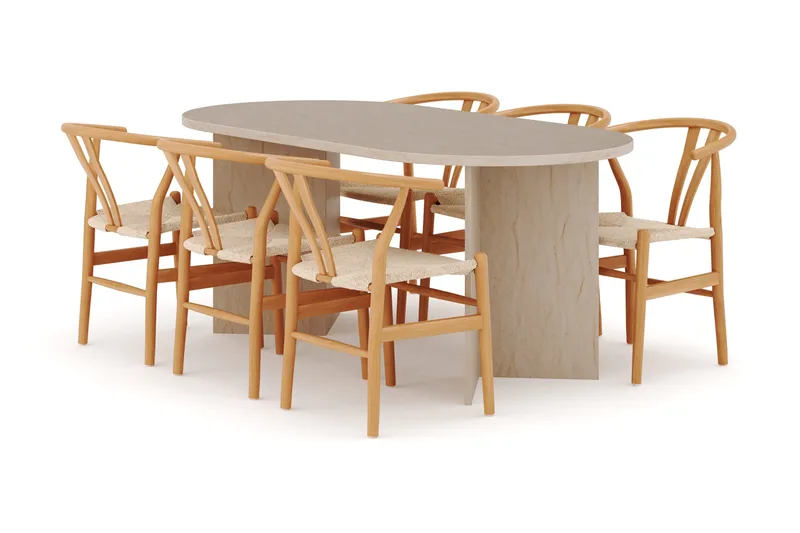 Dano Matbord 180 cm  med 6 Dastoori Matstolar, Travertin / Natur