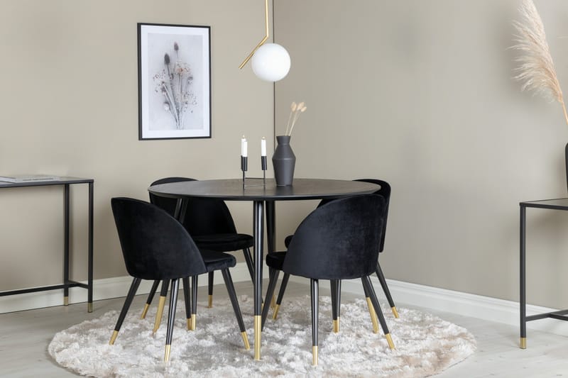 Dipp Matgrupp 115 cm Rund med 4 Velvet stolar - Svart/Guld - Products - Möbler - Bord & matgrupp - Matgrupp