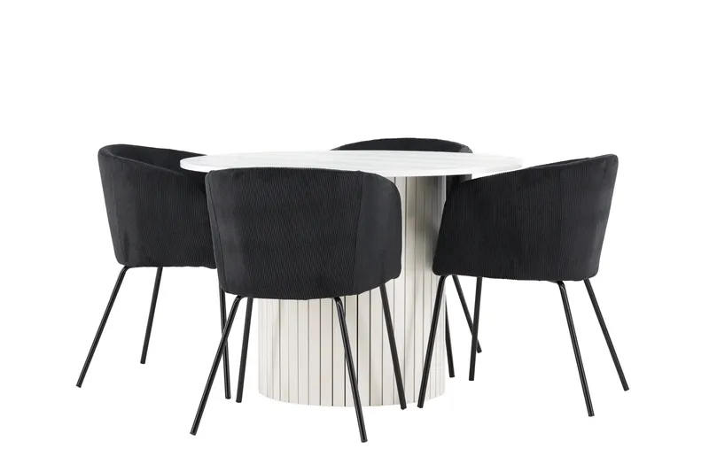 Härön Matgrupp 110 cm Rund med 4 Berit stolar, Vit/Svart