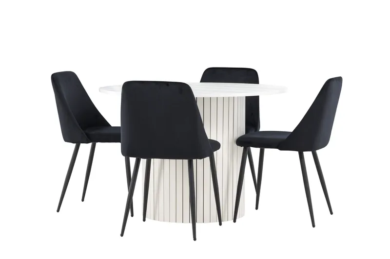 Härön Matgrupp 110 cm Rund med 4 Night stolar, Vit/Svart