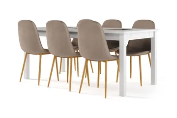 Jasmin Förlängningsbart Matbord 180 cm +  6 st Nibe stol brun med ek ben, Vit/Brun