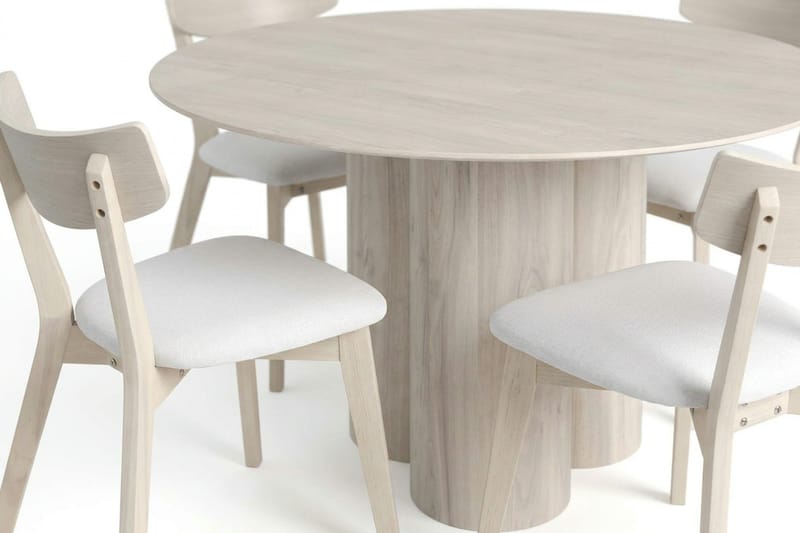 Juno Matgrupp 130 cm runt Vitlaserad med 6 Ameli Matstolar med Dyna - Vitlaserad/Beige - Products - Möbler - Bord & matgrupp - Matgrupp