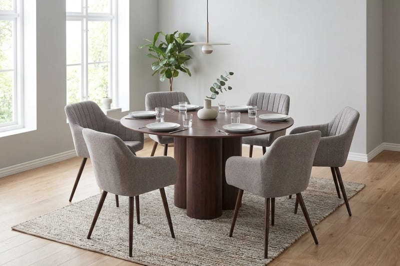 Juno Matgrupp runt 130 cm Valnöt med 6 Filippa Matstolar - Valnöt - Products - Möbler - Bord & matgrupp - Matgrupp