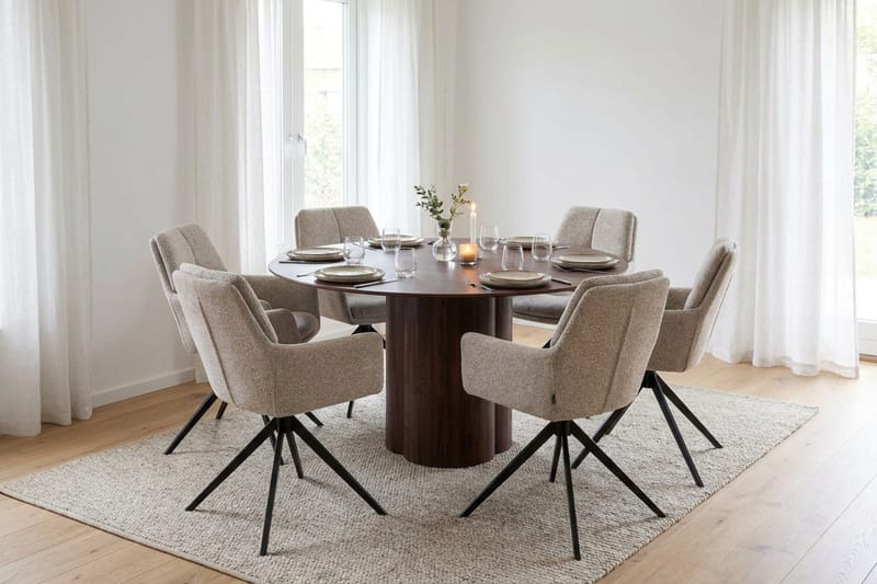 Juno Matgrupp runt 150 cm Valnöt med 6 Torsby Matstolar - Valnöt - Products - Möbler - Bord & matgrupp - Matgrupp
