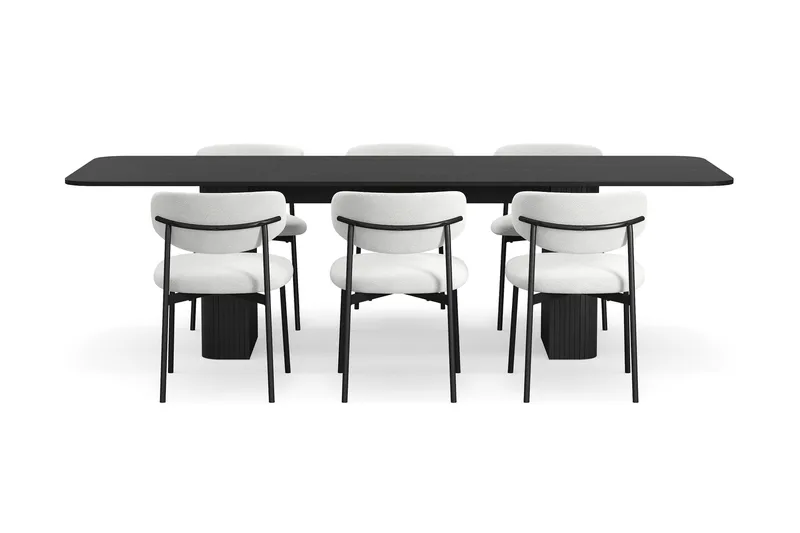 Kopparbo Matbord 180-240 cm Förlängningsbart med 6 Lucy Matstolar - Svart / Vit Bouclé / Metallben Svart - Products - Möbler - Bord & matgrupp - Matgrupp