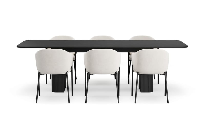 Kopparbo Matbord 200-260 cm Förlängningsbart med 6 Filip Matstolar - Svart / Vit Bouclé - Products - Möbler - Bord & matgrupp - Matgrupp