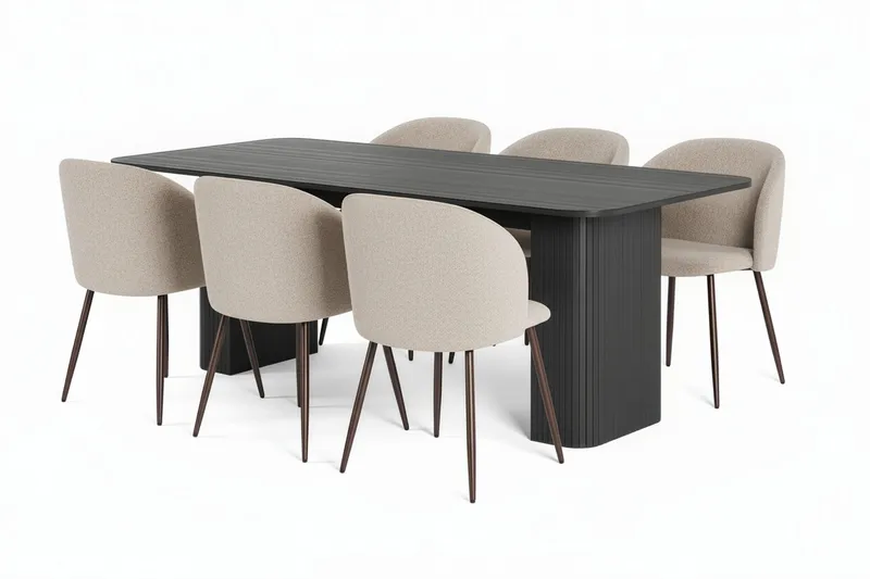 Kopparbo Matbord 200-260 cm Förlängningsbart med 6 Greya Matstolar med armstöd, Svart / Greige Bouclé / Metallben Ek