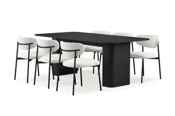 Kopparbo Matbord 200-260 cm Förlängningsbart med 6 Lucy Matstolar - Svart / Vit Bouclé / Metallben Svart - Products - Möbler - Bord & matgrupp - Matgrupp