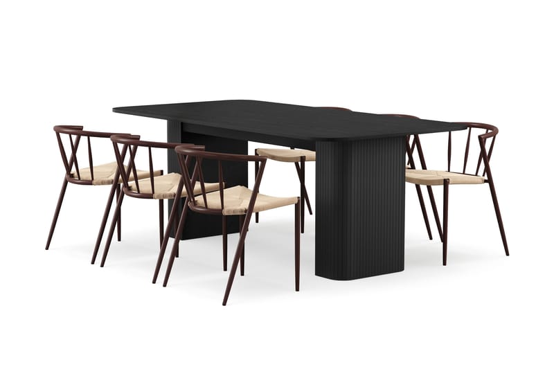 Kopparbo Matbord 200-260 cm Förlängningsbart med 6 Winston Matstolar, Svart / Beige / Metallben Rökt ek