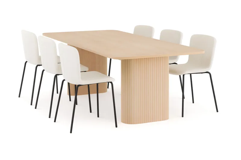 Kopparbo Matbord 200-260 cm Förlängningsbart med illäggsskiv med 6 Katy Matstolar, Vit / Vit Bouclé / Metallben Svart