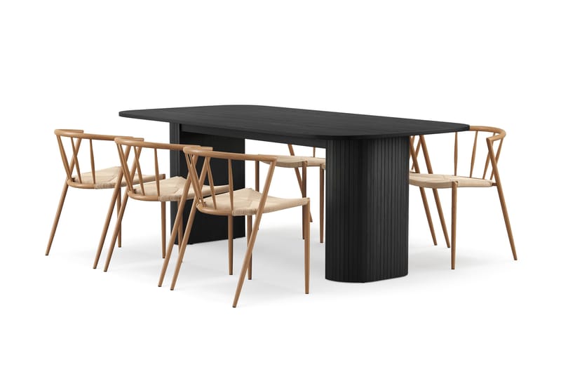 Kopparbo Matbord 200 cm med 6 Winston Matstolar, Svart / Beige / Metallben Ek