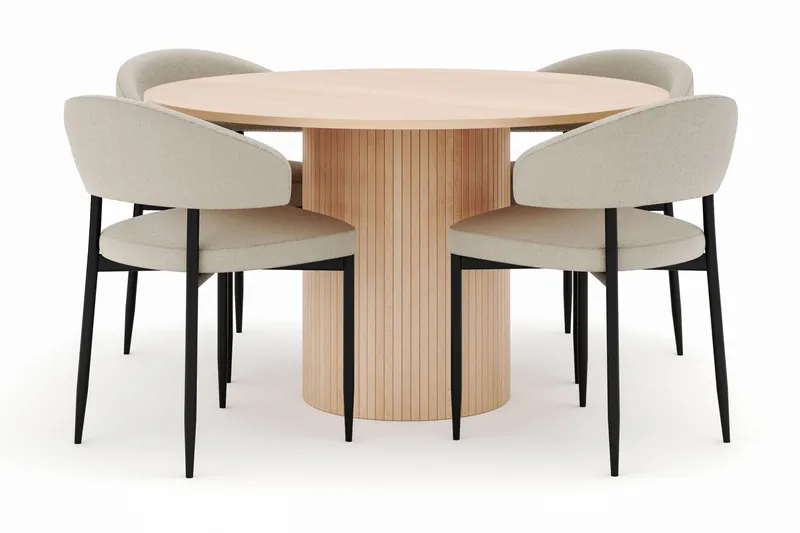 Kopparbo Runt Matbord 130 cm med 4 Sawako Stolar, Beige