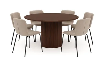 Kopparbo Runt Matbord 150 cm med 6 Katy Matstolar - Valnöt / Greige Bouclé / Metallben Svart - Products - Möbler - Bord & matgrupp - Matgrupp