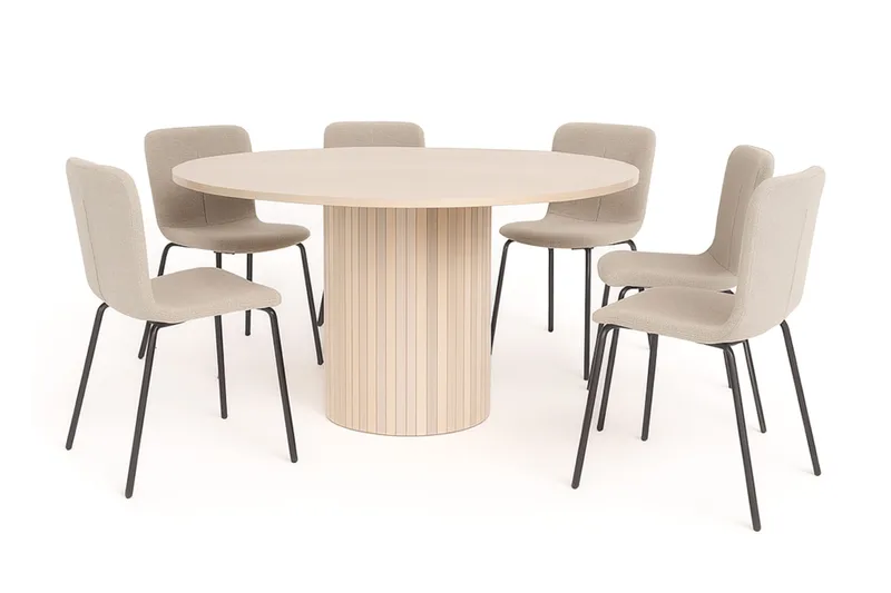 Kopparbo Runt Matbord 150 cm med 6 Katy Matstolar, Vit / Greige Bouclé / Metallben Svart