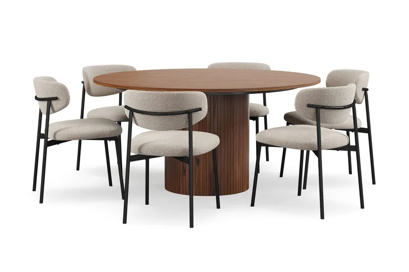 Kopparbo Runt Matbord 150 cm med 6 Lucy Matstolar - Valnöt / Greige Bouclé / Metallben Svart - Products - Möbler - Bord & matgrupp - Matgrupp