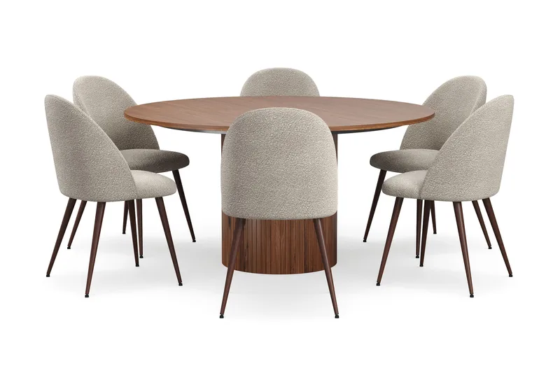 Kopparbo Runt Matbord 150 cm med 6 Nibe Plus Matstolar - Valnöt / Greige Bouclé / Metallben Valnöt - Products - Möbler - Bord & matgrupp - Matgrupp