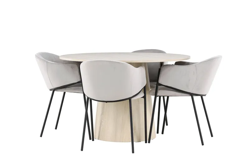 Lanzo Matgrupp 120 cm Rund med 4 Evelina stolar, Whitewash/Grå