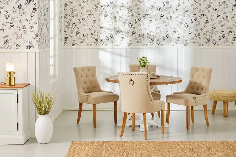 Lyon Matgrupp Rund med 4 st Viktoria Fåtölj - Trä/Vit/Beige - Products - Möbler - Bord & matgrupp - Matgrupp