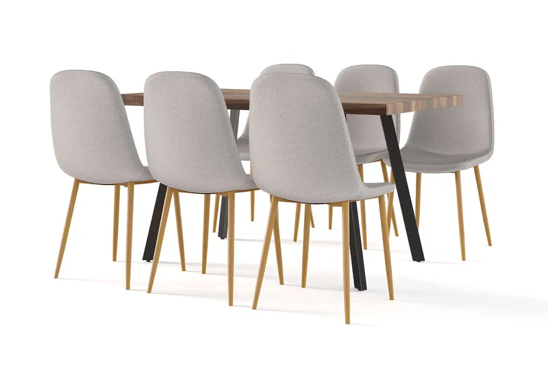 Marcelen Matbord Förlängningsbart med illäggsskiva +  6 st Nibe stol grå med ek ben, Brun/Grå