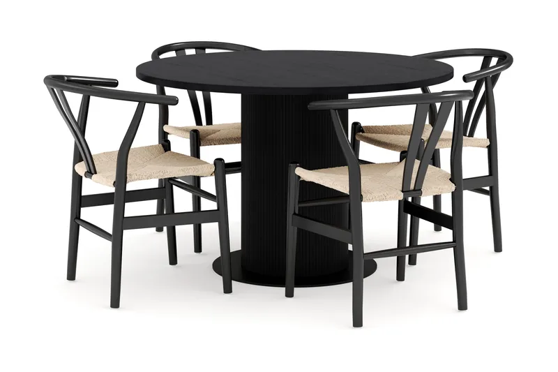 Noira Matgrupp 120 cm Massiv Ek Rund med 4 Dastoori Matstol - 2220067-4,2206128-1, Svart