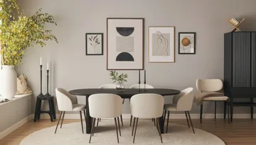 Noira Ovalt Matbord 220 cm med 6 Greya Matstolar med armstöd - Svart / Vit Bouclé / Metallben Valnöt - Products - Möbler - Bord & matgrupp - Matgrupp