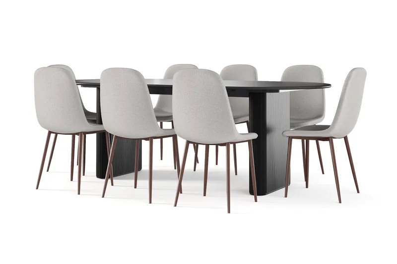 Noira Ovalt Matbord 220 cm Svart +  8 st Nibe stol beige med valnöt ben, Svart/Beige