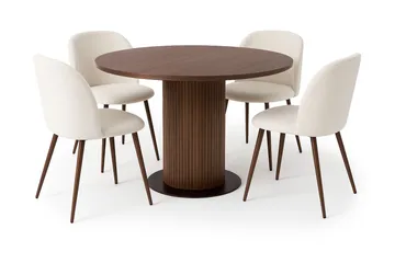Noira Runt Litet Matbord Massiv Valnöt 120 cm med 4 Greya Matstolar med armstöd - Brun / Vit Bouclé / Metallben Valnöt - Products - Möbler - Bord & matgrupp - Matgrupp