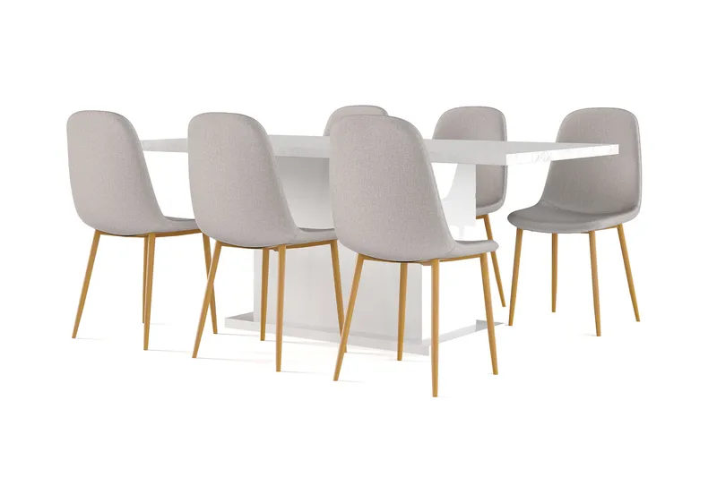 Ratliff Matbord 180 cm Förlängningsbart med illäggsskiva +  6 st Nibe stol gr å med ek ben, Vit/Grå