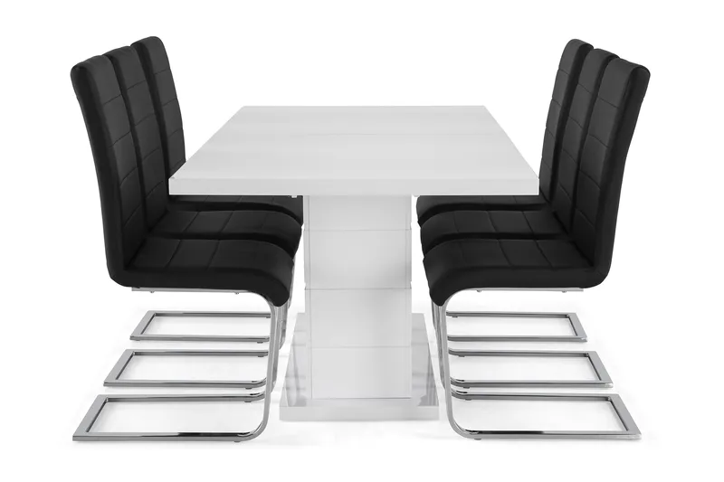 Ratliff Matgrupp 180 cm + 6 Stolar Förlängningsbart med illäggsskiva - Vit / Svart Pu / Krom - Products - Möbler - Bord & matgrupp - Matgrupp
