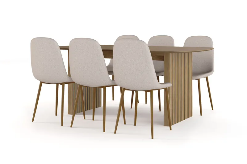 Richeto Matbord 180 cm ek +  6 st Nibe stol beige med ek ben, Natur/Beige