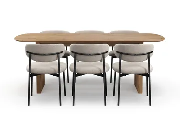 Richeto Matbord 210 cm med 6 Lucy Matstolar - Naturlig finish / Greige Bouclé / Metallben Svart - Products - Möbler - Bord & matgrupp - Matgrupp