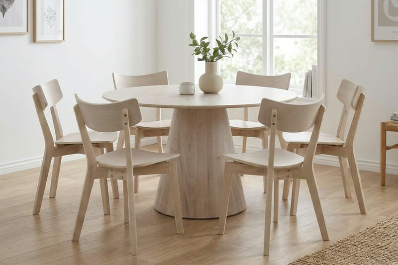 Siena Matgrupp 130 cm runt Vitlaserad med 6 Amelia Matstolar - Vitlaserad - Products - Möbler - Bord & matgrupp - Matgrupp