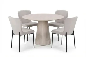 Siena Matgrupp runt 110 cm Vitlaserad med 4 Elsie Matstolar, Vitlaserad/Beige