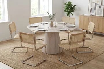 Siena Matgrupp runt 150 cm Vitlaserad med 6 Build Matstolar - Vitlaserad/Natur/krom - Products - Möbler - Bord & matgrupp - Matgrupp