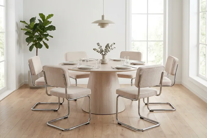 Siena Matgrupp runt 150 cm Vitlaserad med 6 Milva Matstolar - Vitlaserad/Beige/krom - Products - Möbler - Bord & matgrupp - Matgrupp