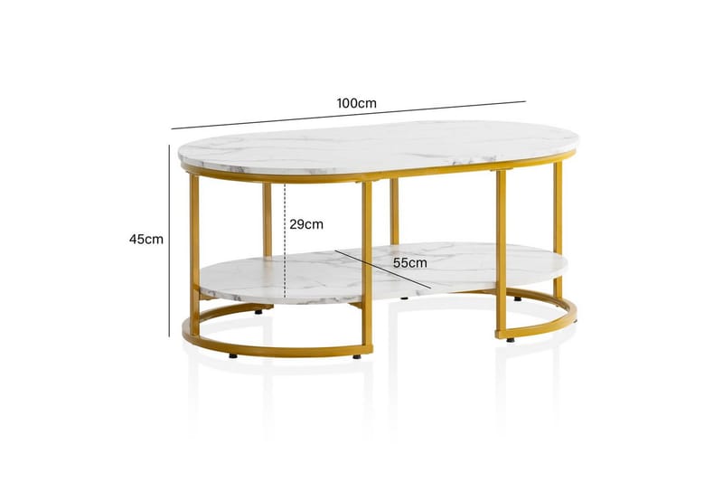 Soffbord Wohnling marmorutseende ovalt 100 cm med förvaringshylla, Bauhaus-stil Marmor Vit - Marmor Vit - Products - Möbler - Bord & matgrupp - Soffbord