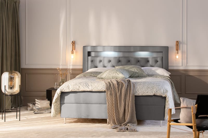 Alessia Komplett Sängpaket med Förvaring LED-belysning 180x200 cm - Grå / Ljusgrå - Products - Möbler - Säng - Säng med förvaring