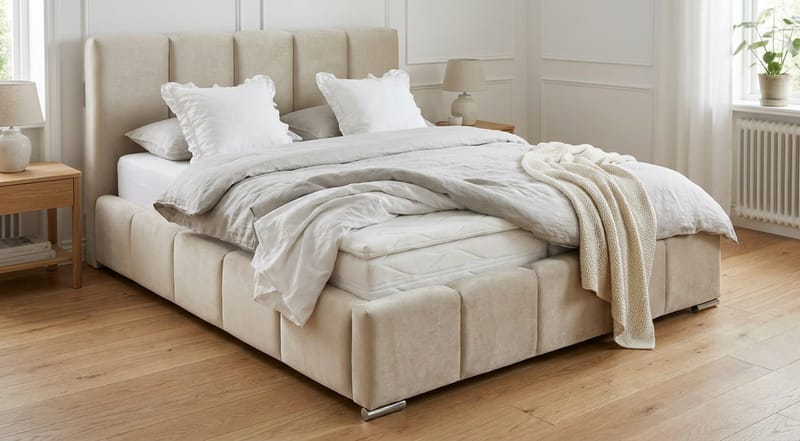 Cleaton Bubblig Sängram 180x200 cm med Förvaring HVILA Resårmadrass och Bäddmadrass i Latex med Tvättbar klädsel - Beige/Vit - Products - Möbler - Säng - Komplett sängpaket