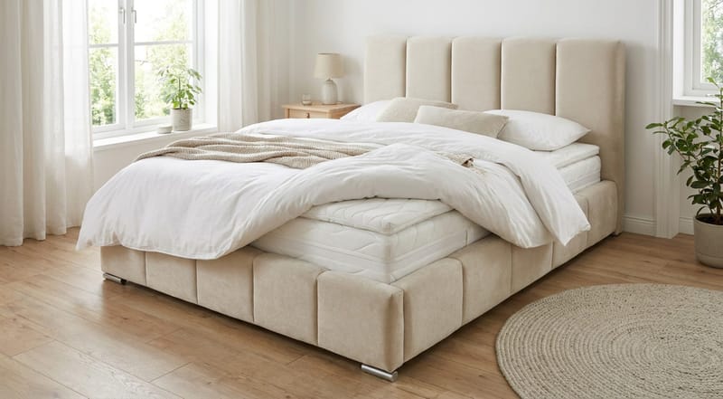 Cleaton Sängram 160x200 cm med Förvaring HVILA Pocketresårmadrass och Bäddmadrass i Polysterskum Vändbar Sommar & Vintersida och Tvättbar klädsel - Beige/Vit - Products - Möbler - Säng - Komplett sängpaket