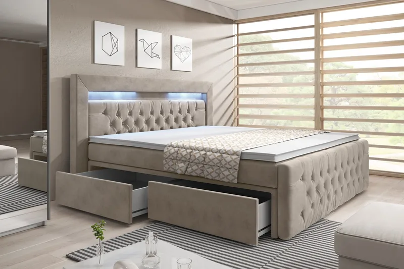 Franco Komplett Sängpaket med förvaring LED-belysning 180x200 cm + 2st Franco Sängbord - Beige / Sammet - Products - Möbler - Säng - Säng med förvaring