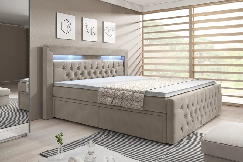 Franco Komplett Sängpaket med förvaring LED-belysning 180x200 cm + 2st Franco Sängbord - Beige / Sammet - Products - Möbler - Säng - Säng med förvaring