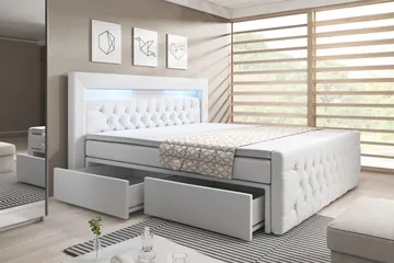 Franco Komplett Sängpaket med förvaring LED-belysning 180x200 cm - Pu Konstläder Vit - Products - Möbler - Säng - Säng med förvaring