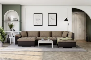 Dynir Stor Hörnbäddsoffa Divan med Förvaring Vänster 350 cm Bred - Beige / Brun - Products - Möbler - Soffa - Bäddsoffa - Bäddsoffa längsbäddad