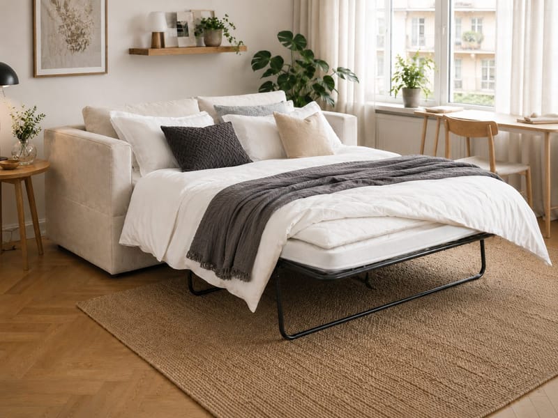 Travstad 3-sits Bäddsoffa med HVILA Bäddmadrass 140x200 cm Memoryskum med Tvättbar klädsel - Beige - Products - Möbler - Soffa - Bäddsoffa - 3 sits bäddsoffa