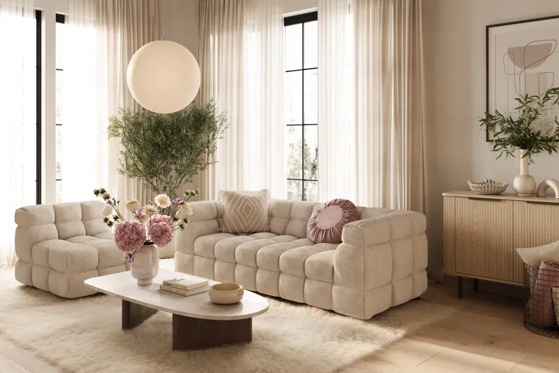 Elise Bubblig Soffgrupp 3-sits Soffa + Fåtölj - Beige - Products - Möbler - Soffa - Soffgrupp