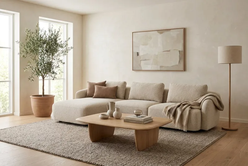 Milano 5-sits Rundad Vänstervänd L-soffa med Låg Rygg i Beige Boucle - Products - Möbler - Soffa - Divansoffa & schäslongsoffa